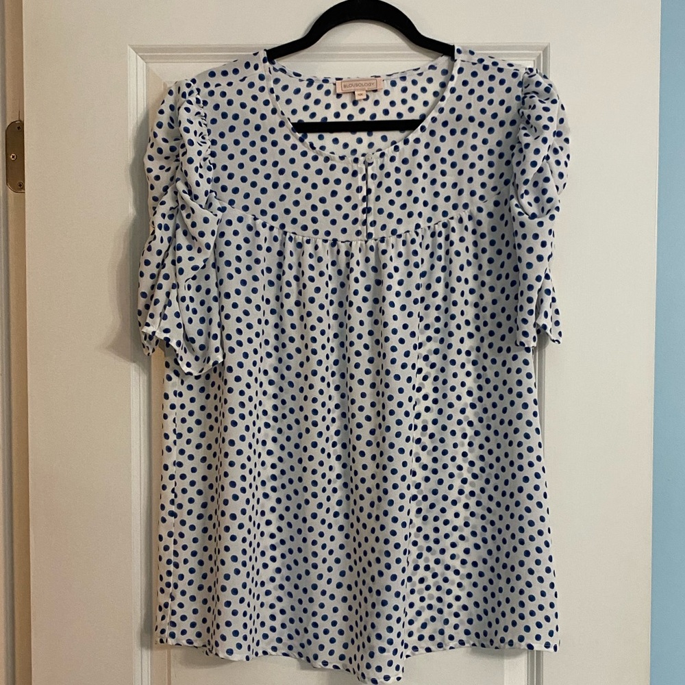 Blousology Blue Polka Dot Short Sleeve Top